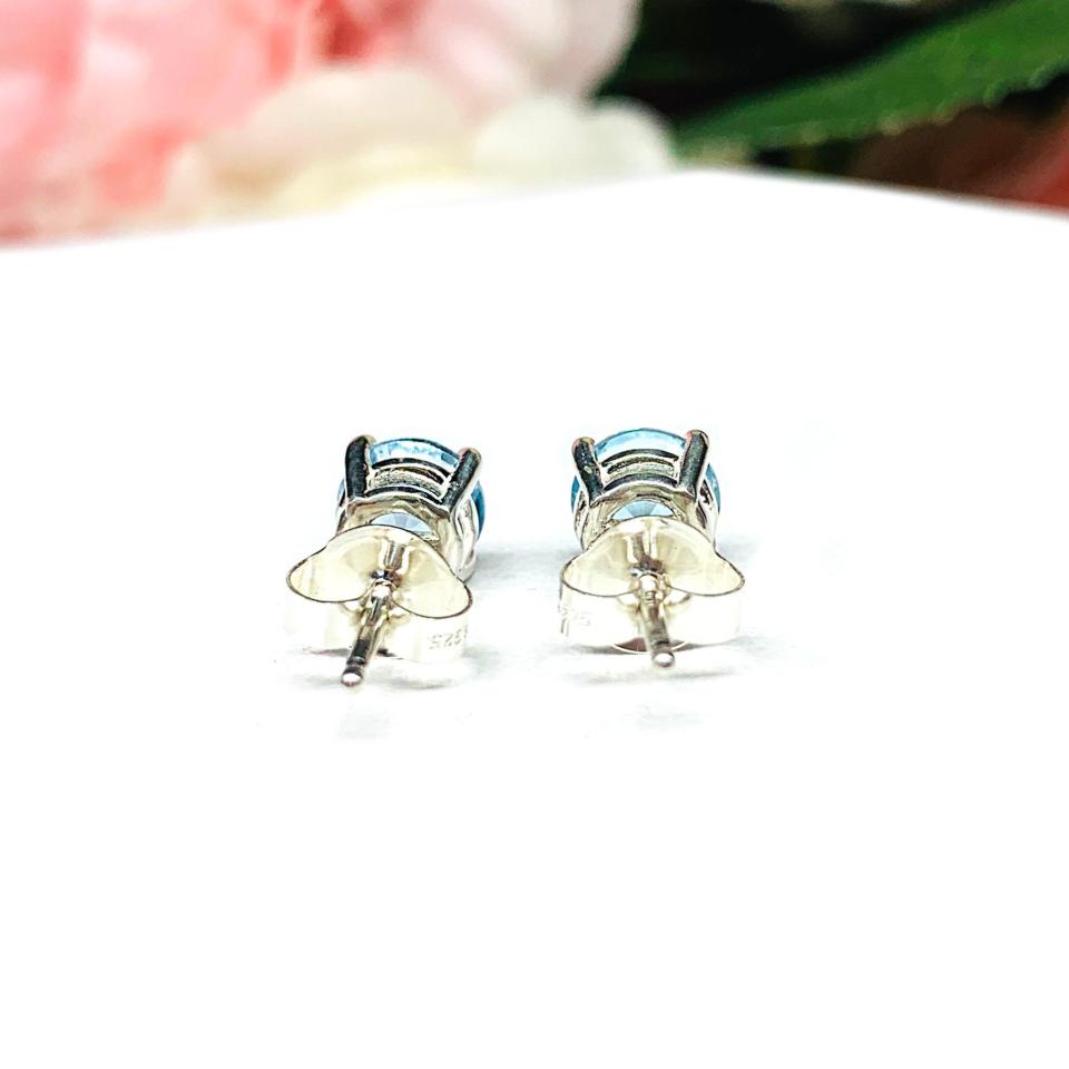 Round Sky Blue Topaz Stud Earrings - 6mm genuine gemstones - Sterling silver basket settings - March birthstone gift alternative