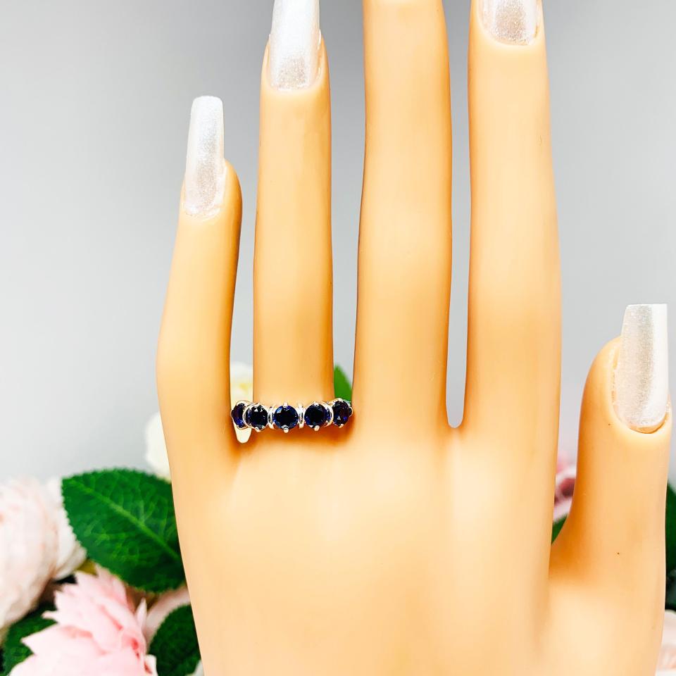 Lab Blue Sapphire 5 Stone Ring Sterling Silver September Birthstone 4mm Round SIZE 7 FINAL SALE