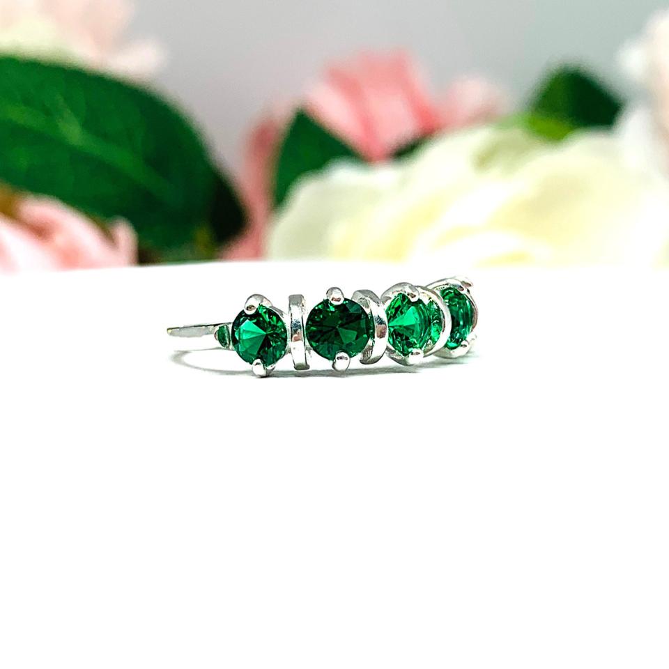 Lab Emerald Five Stone Ring Round 4mm May Birthstone Sterling Silver SIZE 7 FINAL SALE
