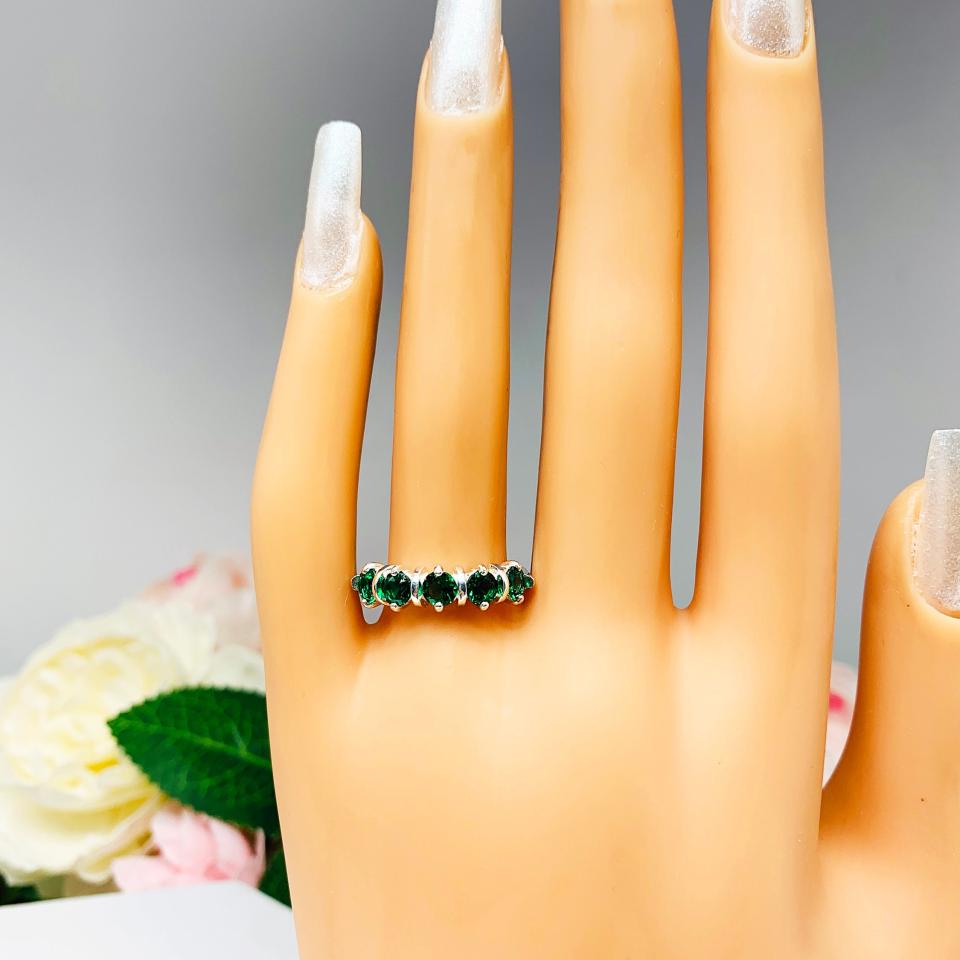 Lab Emerald Five Stone Ring Round 4mm May Birthstone Sterling Silver SIZE 7 FINAL SALE
