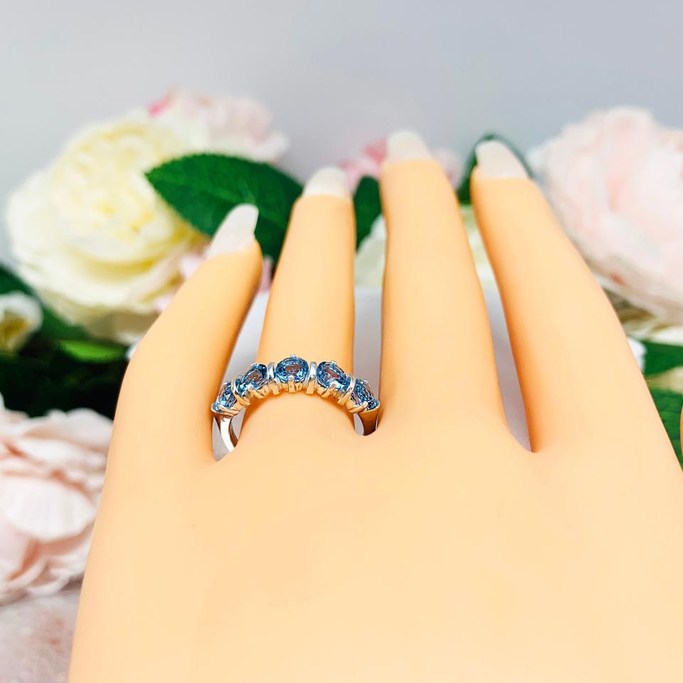 Swiss Blue Topaz Five Stone Sterling Silver Ring 4mm Natural Round December Birthstone SIZE 7 FINAL SALE