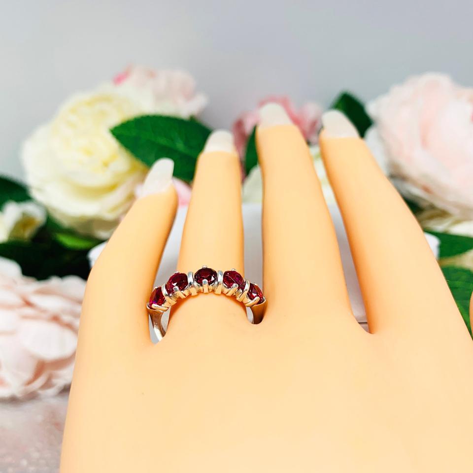Lab Created Ruby 5 Stone Sterling Silver Ring July Birthstone Round 4mm Size 7 FINAL SALE
