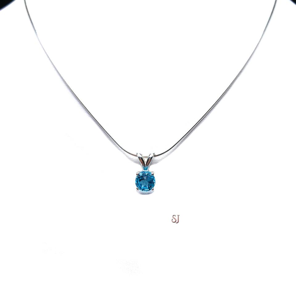 Swiss Blue Topaz Pendant Sterling Silver Necklace Round 6mm Natural December Birthstone