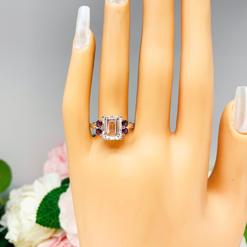 Emerald Cut Natural White Topaz Wine Color Garnet Accents Ring Size 8 FINAL SALE