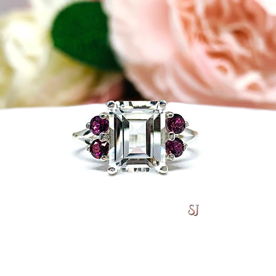 Emerald Cut Natural White Topaz Wine Color Garnet Accents Ring Size 8 FINAL SALE