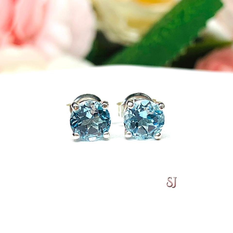 Round Sky Blue Topaz Stud Earrings - 6mm genuine gemstones - Sterling silver basket settings - March birthstone gift alternative