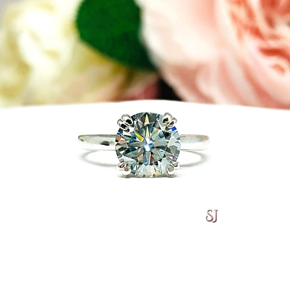 Round Steel Blue Moissanite Sterling Silver Engagement Ring Authentic 10.5mm 4.41 carats