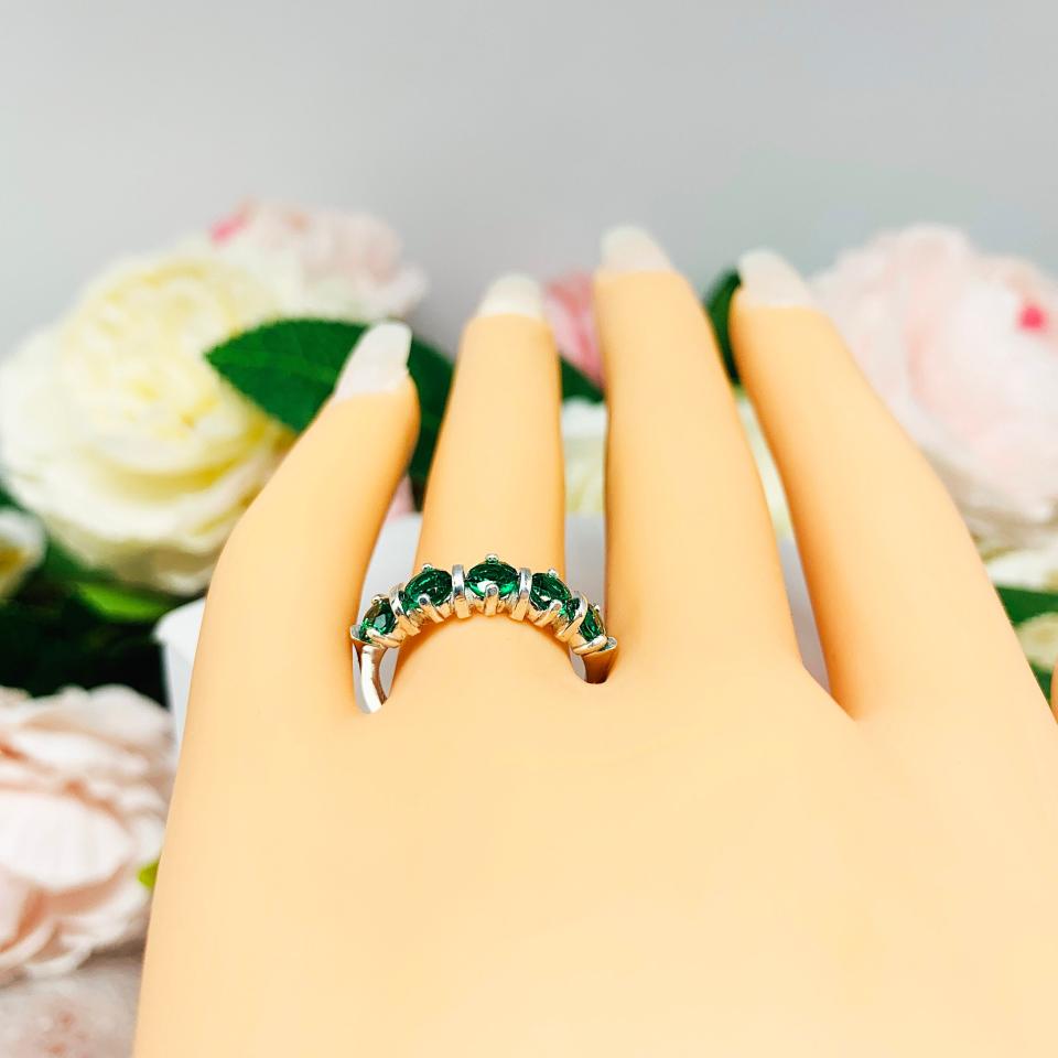 Lab Emerald Five Stone Ring Round 4mm May Birthstone Sterling Silver SIZE 7 FINAL SALE