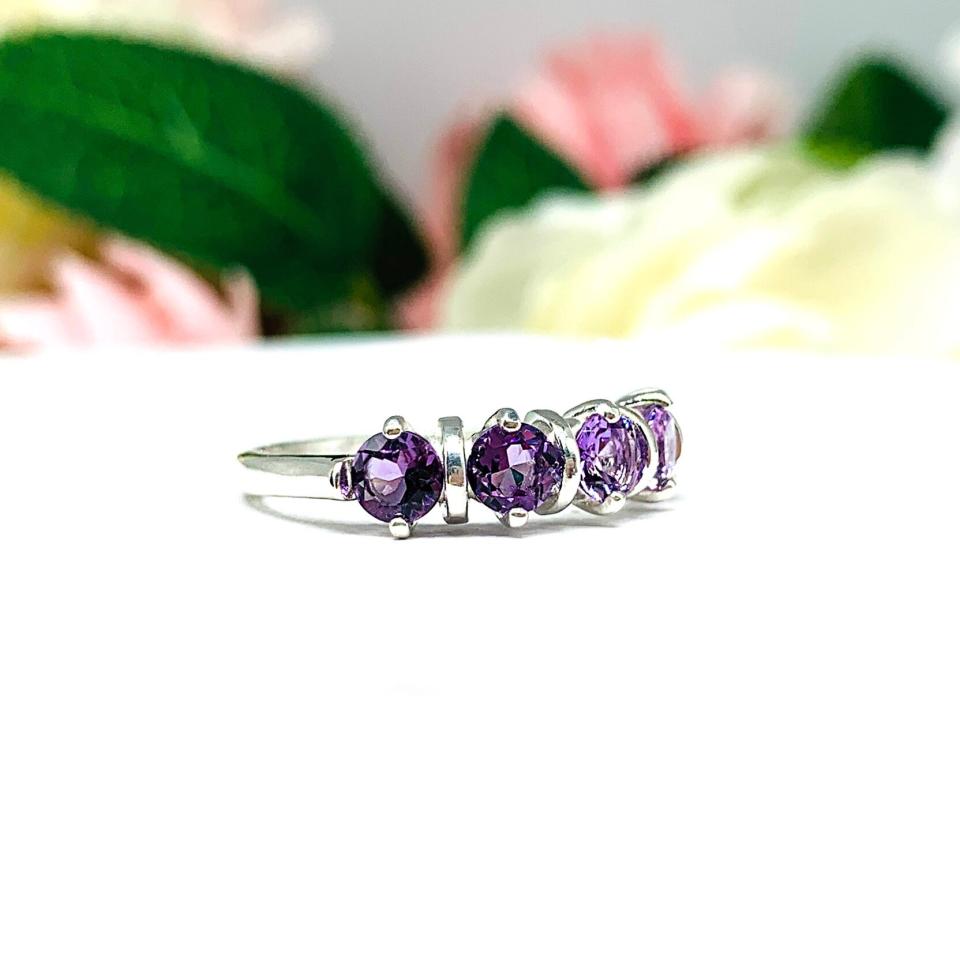 African Amethyst Five Stone Sterling Silver Ring Natural 4mm Round February Birthstone SIZE 7 FINAL SALE