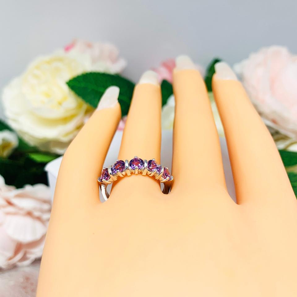 African Amethyst Five Stone Sterling Silver Ring Natural 4mm Round February Birthstone SIZE 7 FINAL SALE