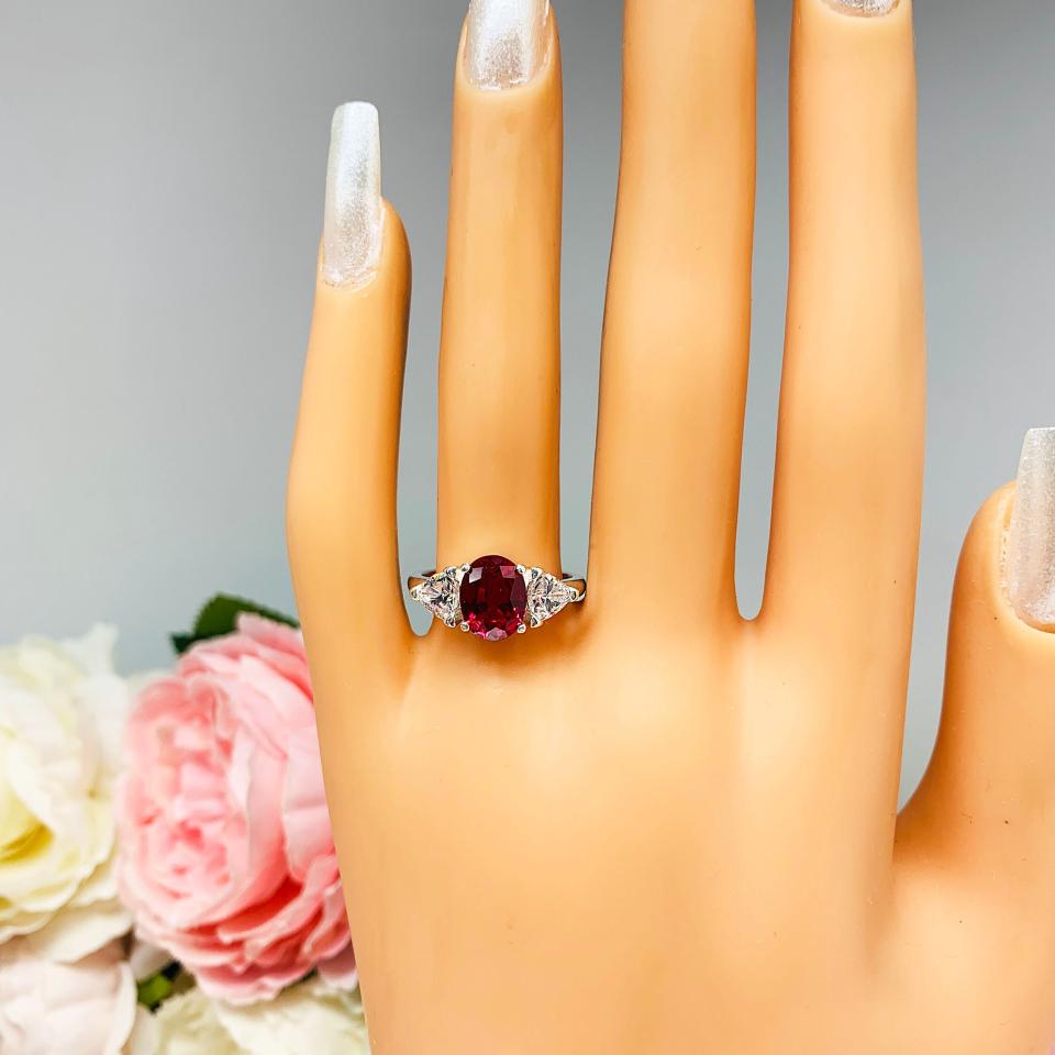 Lab Created Ruby Oval CZ Trillion Ring Lower Profile Sterling Silver