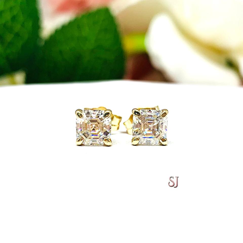 Asscher Moissanite Gold Stud Earrings FREE 2 DAY UPS