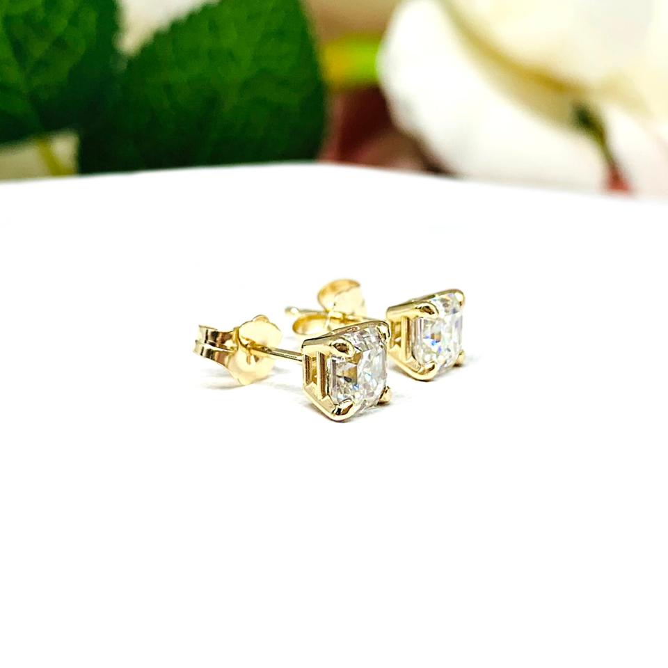 Asscher Moissanite Gold Stud Earrings FREE 2 DAY UPS