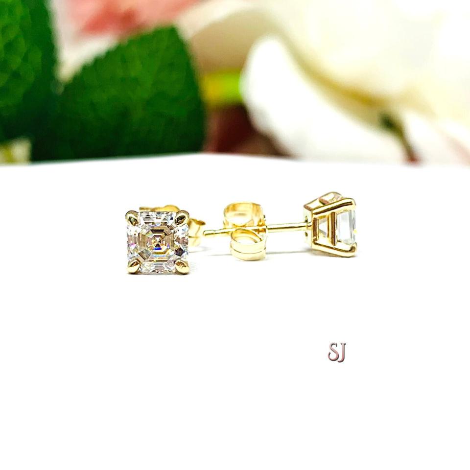 Asscher Moissanite Gold Stud Earrings FREE 2 DAY UPS