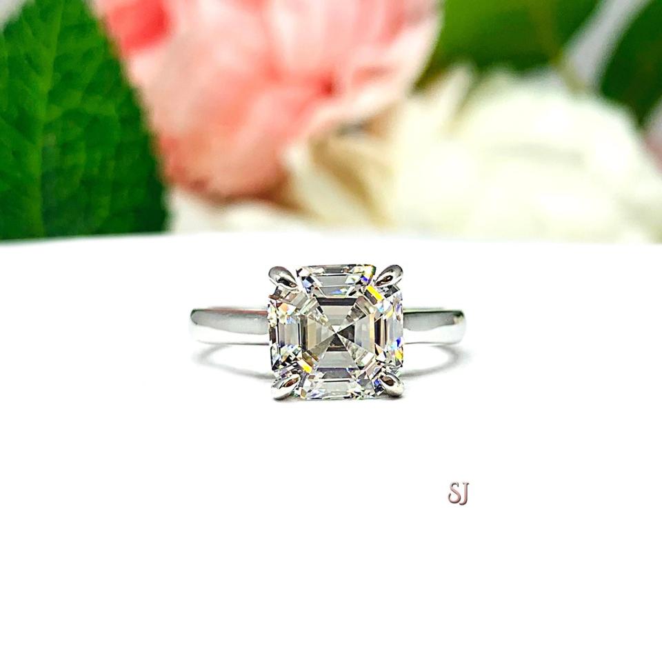 Asscher 8mm CZ 10k White Gold Engagement Ring Cathedral Setting