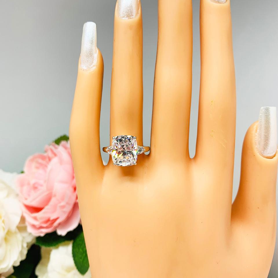 Cushion-Cut CZ 3-Stone Engagement Ring • 12x10mm, Sterling Silver, Size 7