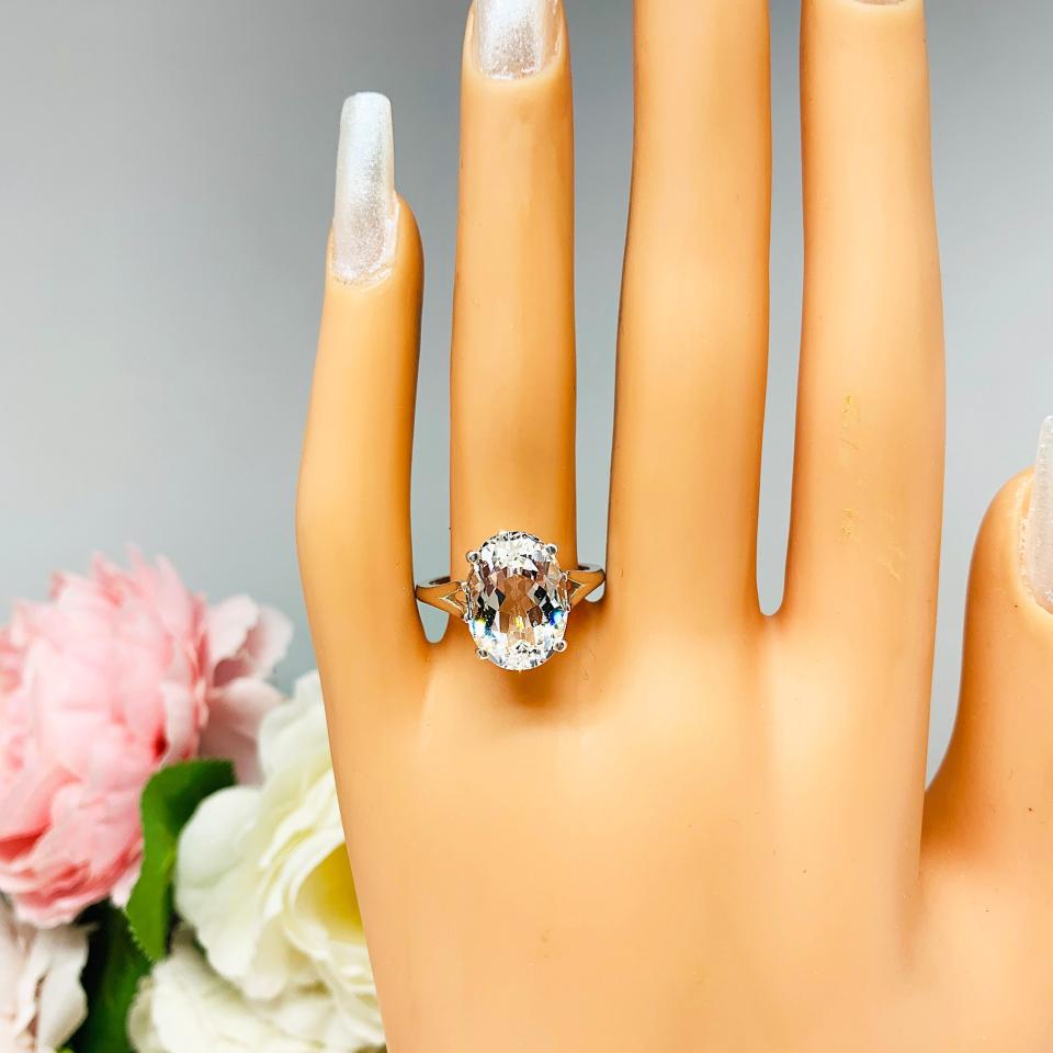 Natural White Topaz Oval Solitaire Ring - Sterling silver split shank statement setting