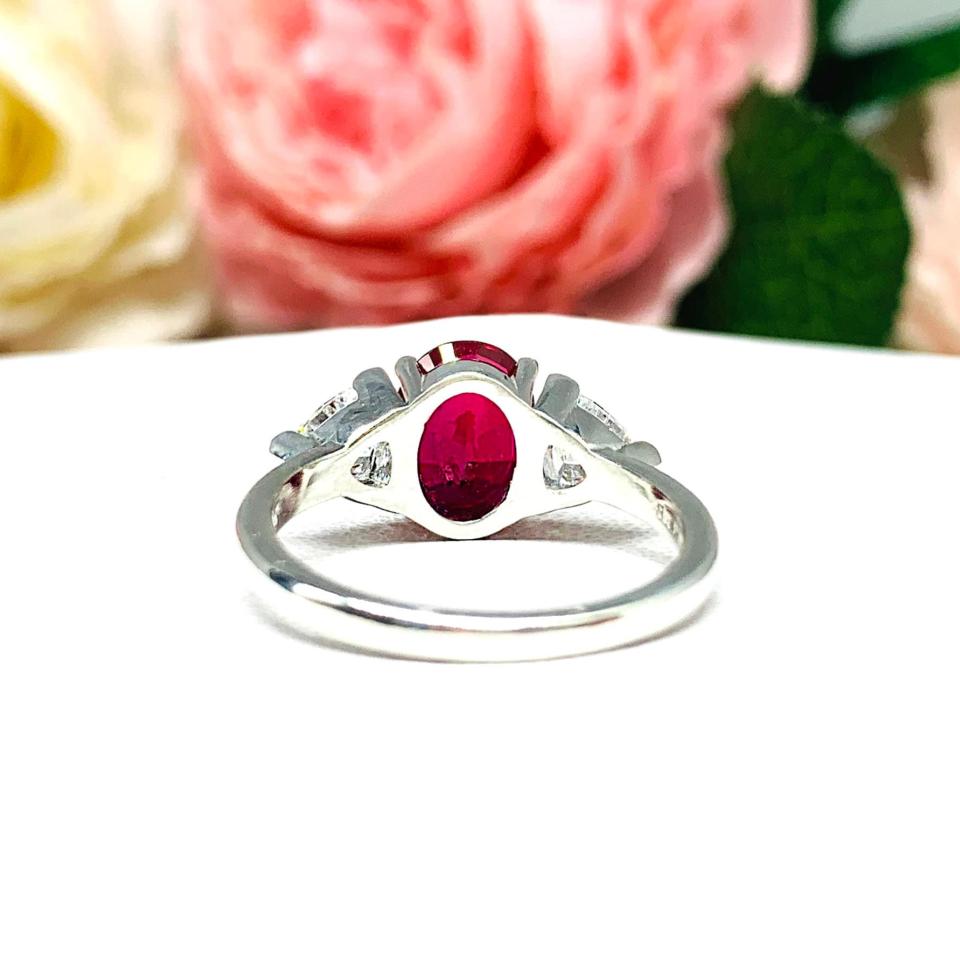 Lab Created Ruby Oval CZ Trillion Ring Lower Profile Sterling Silver