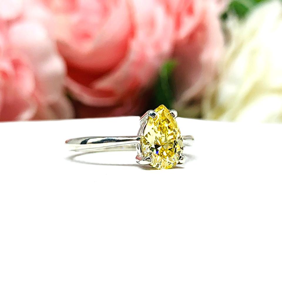 Canary Yellow Pear-Cut CZ Engagement Ring • 9x6mm, Sterling Silver, Size 7