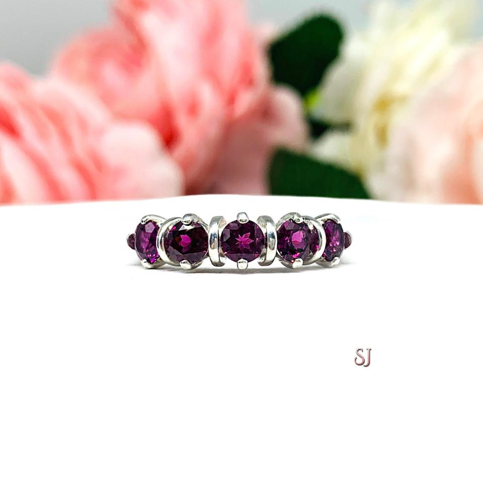 Natural Garnet Five Stone Ring January Birthstone Sterling Silver 4mm Round Wine Color SIZE 7 FINAL SALE