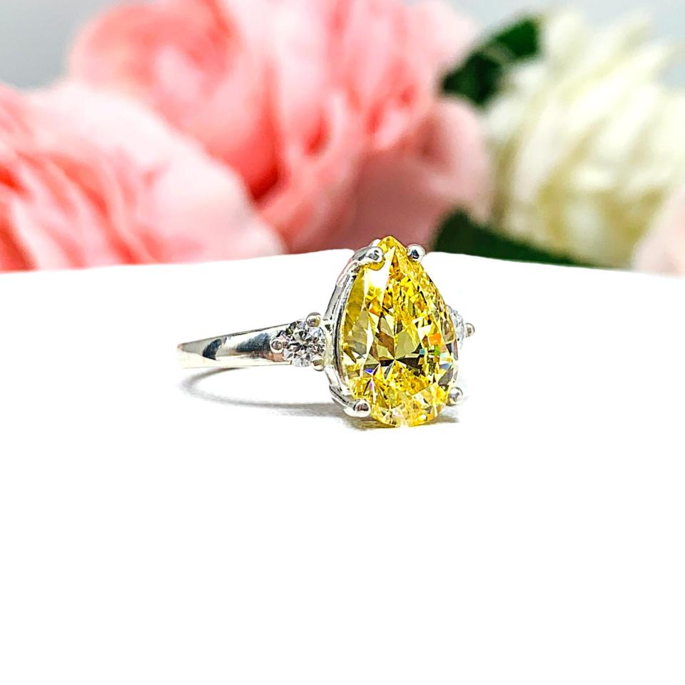 Canary Pear CZ Round Accents Engagement Ring