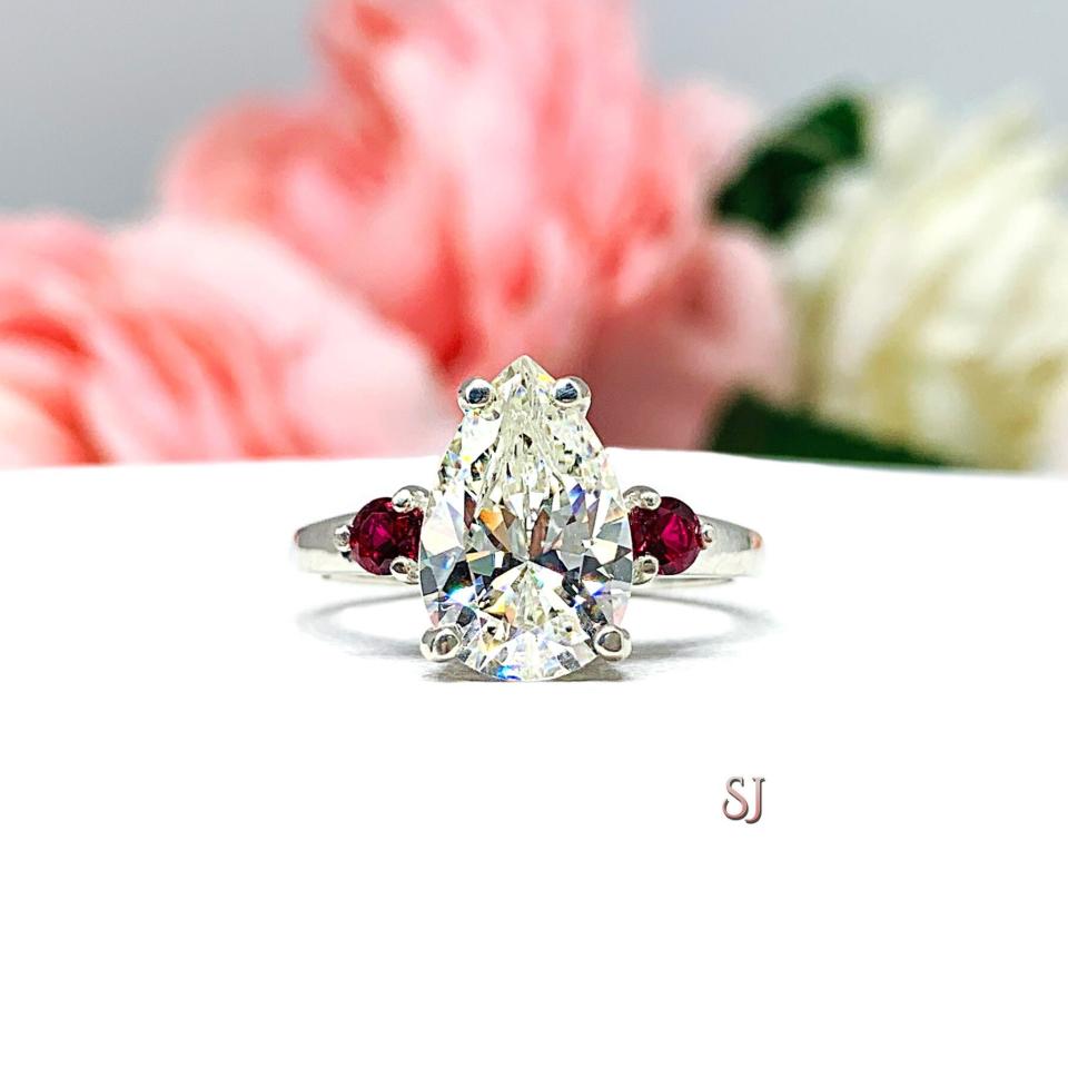 Pear Near Colorless Cubic Zirconia Lab Ruby Accents Engagement Ring