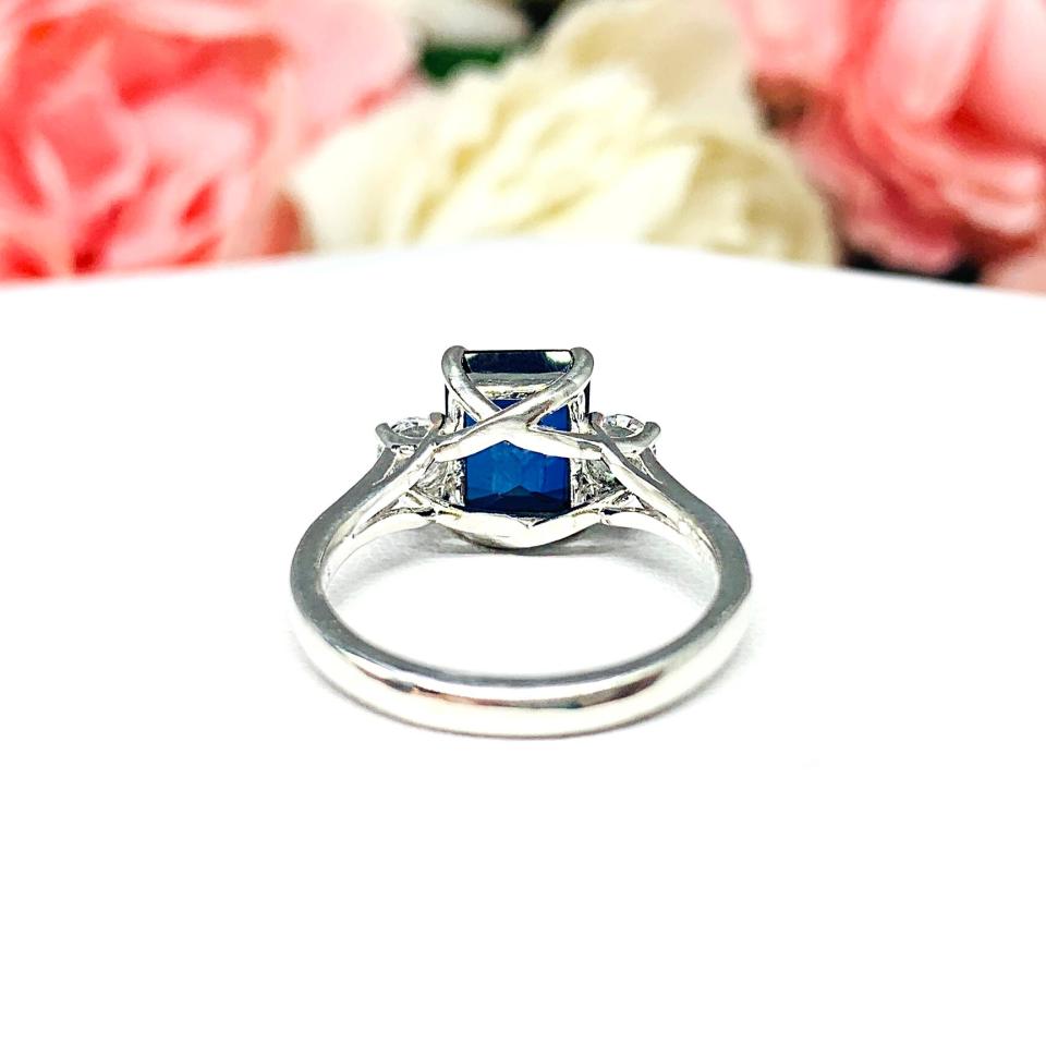 Lab Blue Sapphire Emerald Cut Ring Round CZ Accents