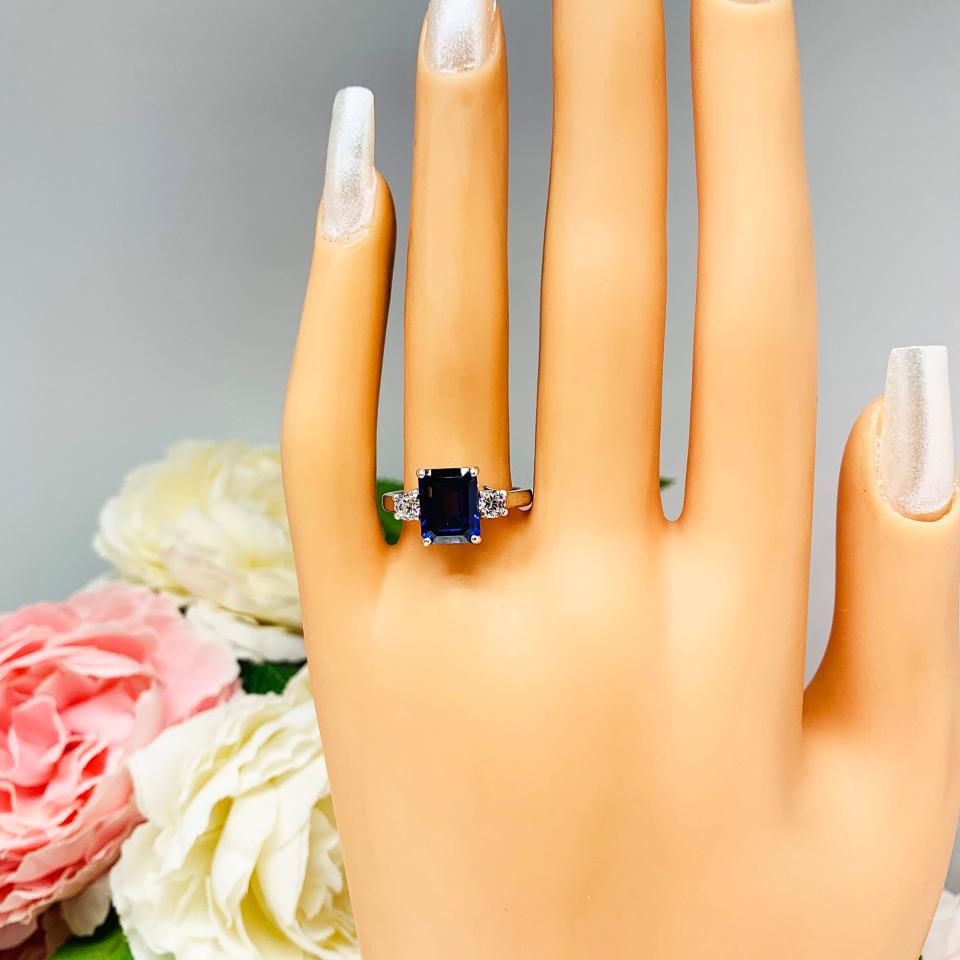 Lab Blue Sapphire Emerald Cut Ring Round CZ Accents
