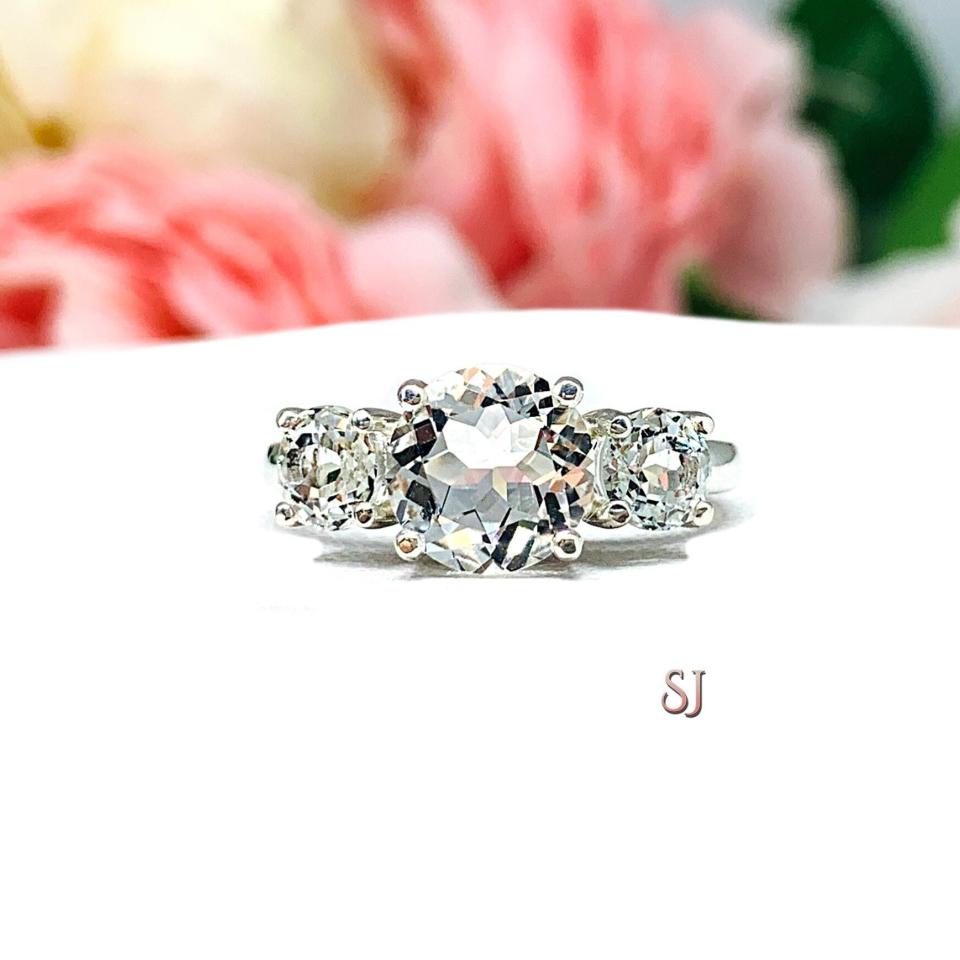 Natural White Topaz 3 Stone Engagement Ring - 8mm and 5mm round stones - Sterling silver setting