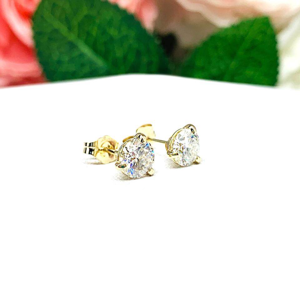 Moissanite Martini 14k Yellow Gold Stud Earrings - Authentic round moissanite - Solid gold settings - FREE 3RD DAY UPS