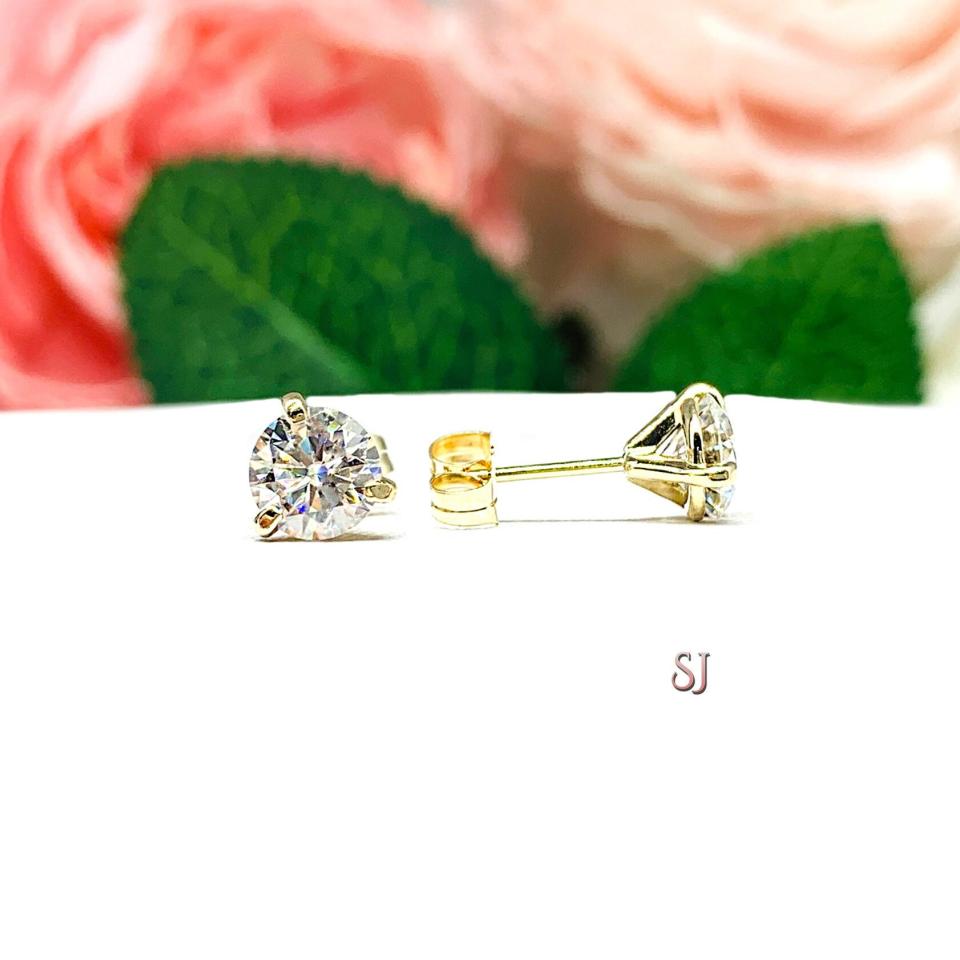 Moissanite Martini 14k Yellow Gold Stud Earrings - Authentic round moissanite - Solid gold settings - FREE 3RD DAY UPS