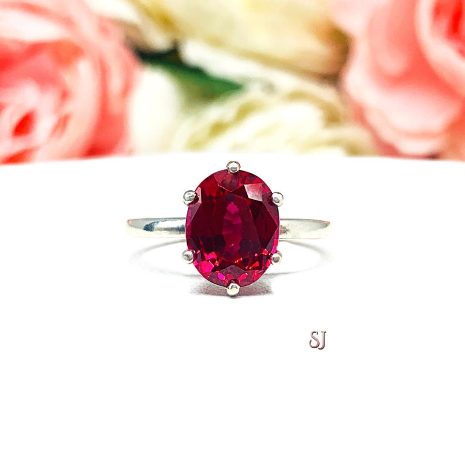 Lab Created Ruby Oval Six Prong Ring Sterling Silver