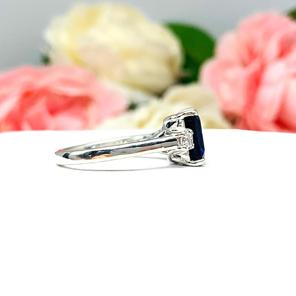 Lab Blue Sapphire Emerald Cut Ring Round CZ Accents