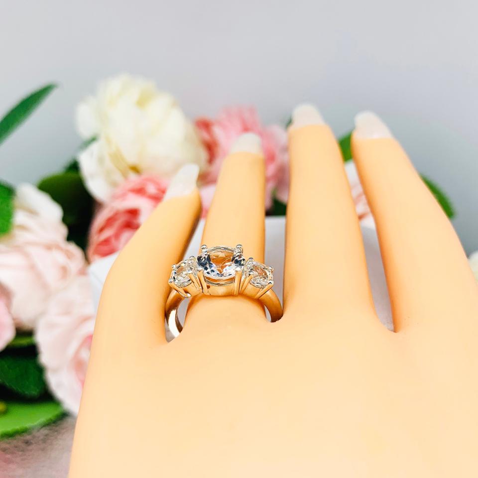 Natural White Topaz 3 Stone Engagement Ring - 8mm and 5mm round stones - Sterling silver setting