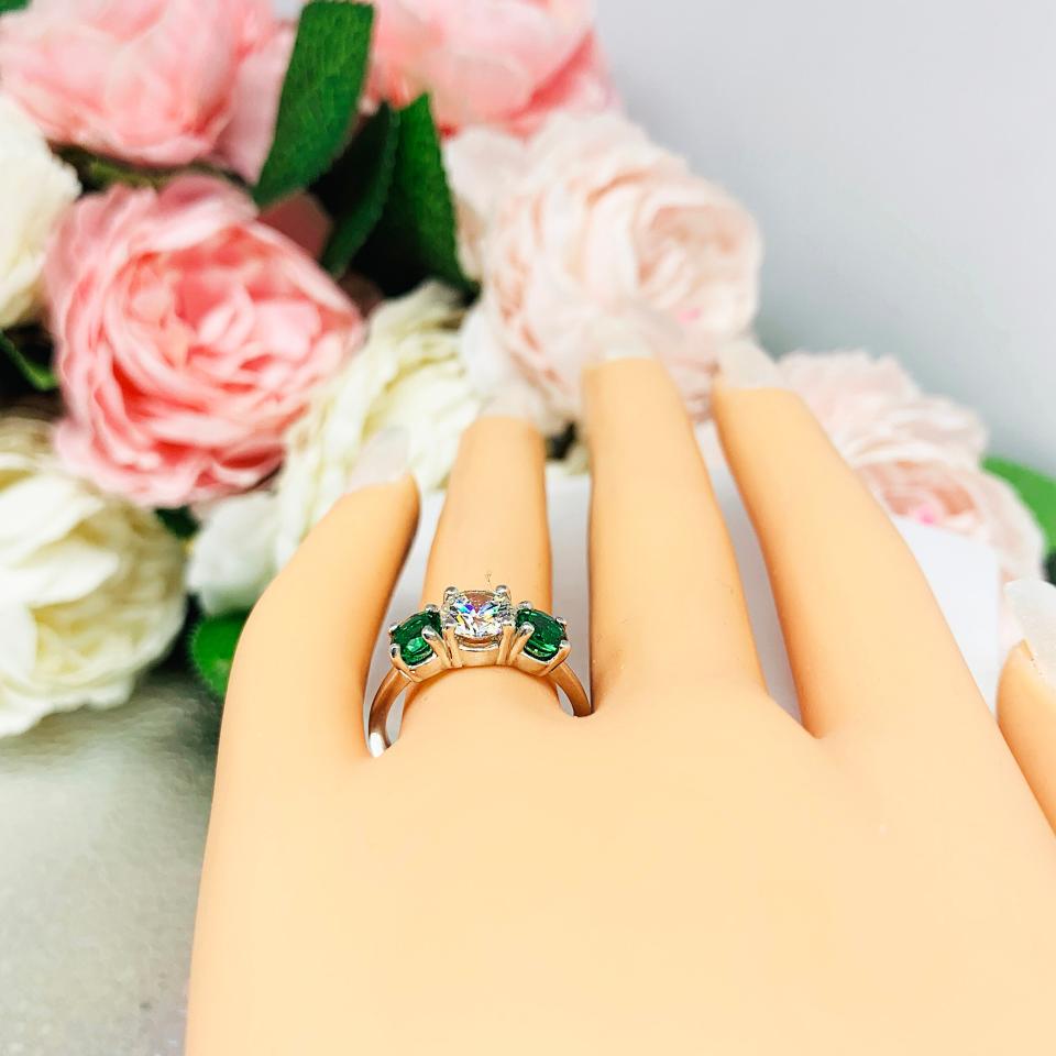 Round CZ Lab Created Emerald 3 Stone Engagement Ring - Sterling Silver