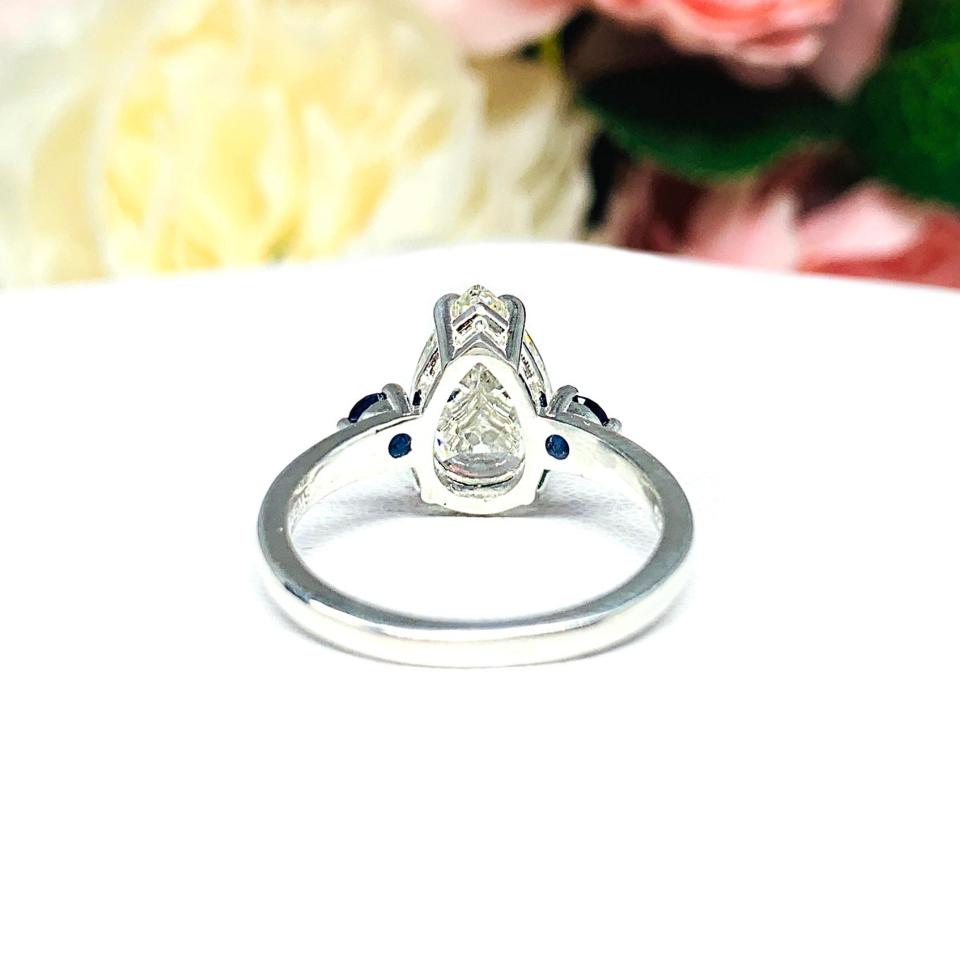 Pear Near Colorless CZ Round Lab Blue Sapphire Engagement Ring