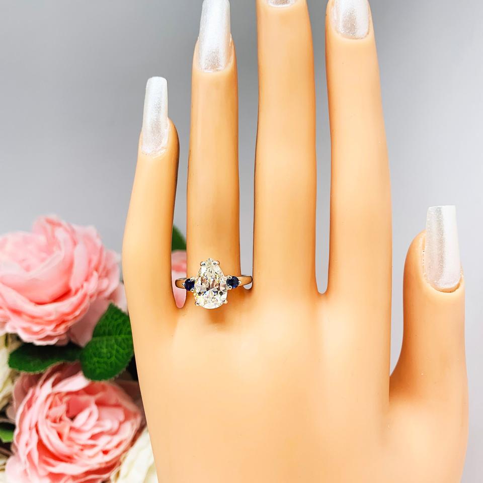 Pear Near Colorless CZ Round Lab Blue Sapphire Engagement Ring