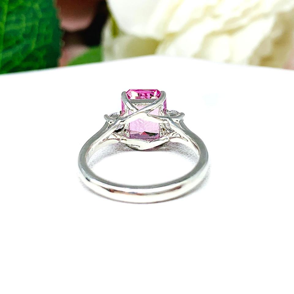 Lab Padparadscha Sapphire Emerald Cut CZ Accents Ring