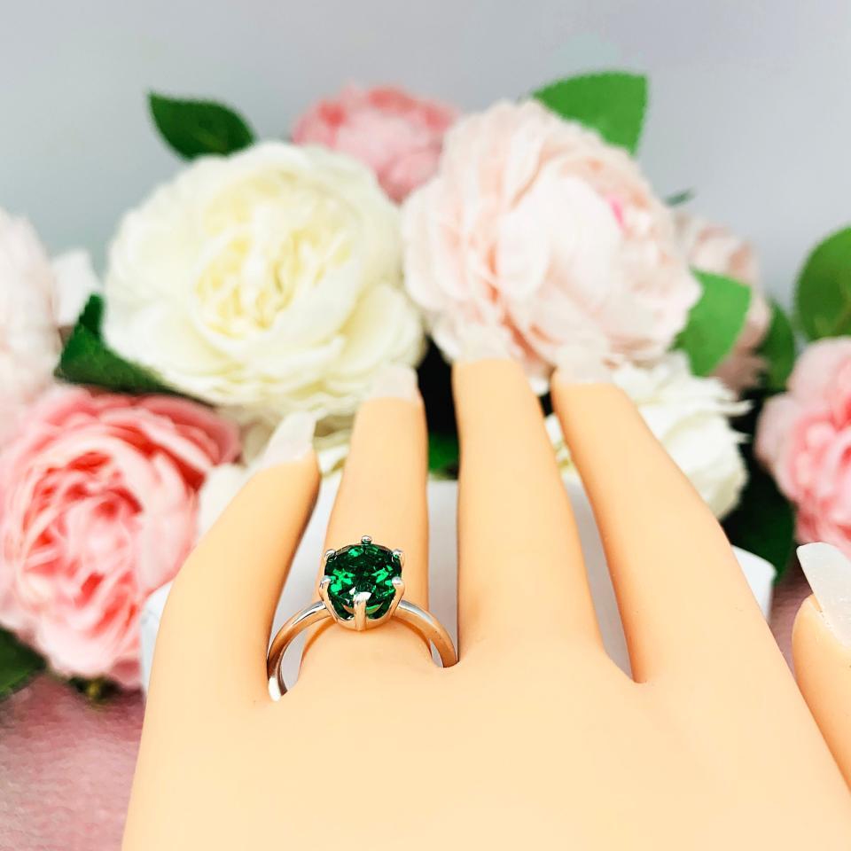 Lab Created Emerald Oval 6 Prong Ring Sterling Silver