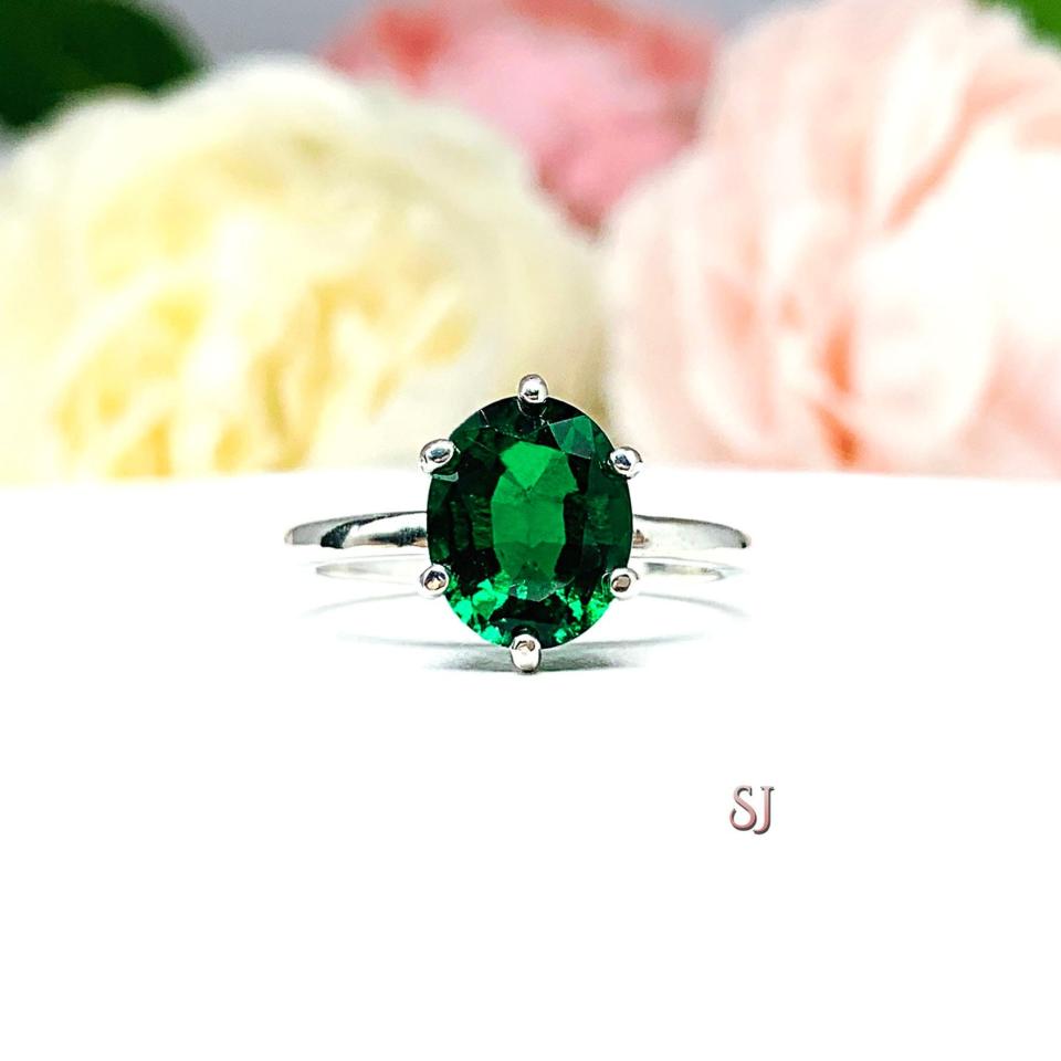 Lab Created Emerald Oval 6 Prong Ring Sterling Silver