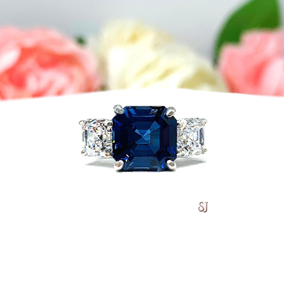 Lab Created Blue Sapphire CZ Asscher Three Stone Ring