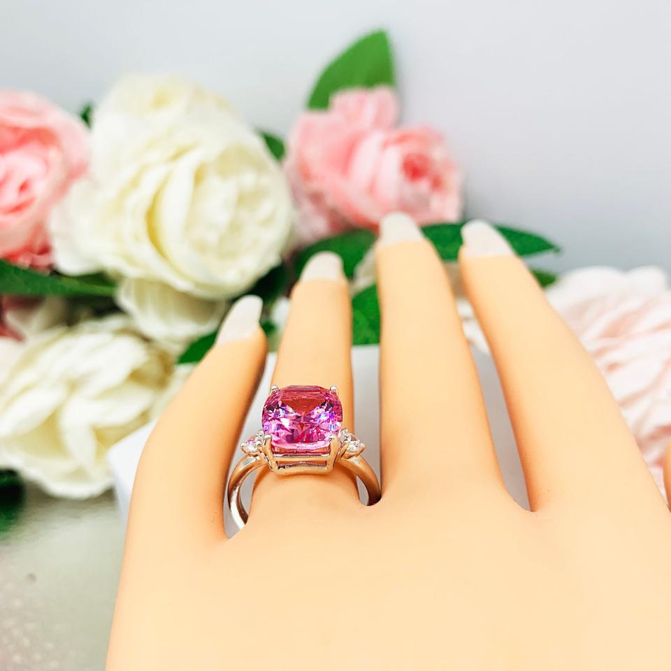 Lab Padparadscha Sapphire Elongated Cushion Ring 12x10mm Round CZ Accents