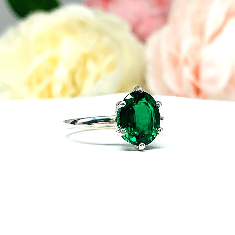 Lab Created Emerald Oval 6 Prong Ring Sterling Silver