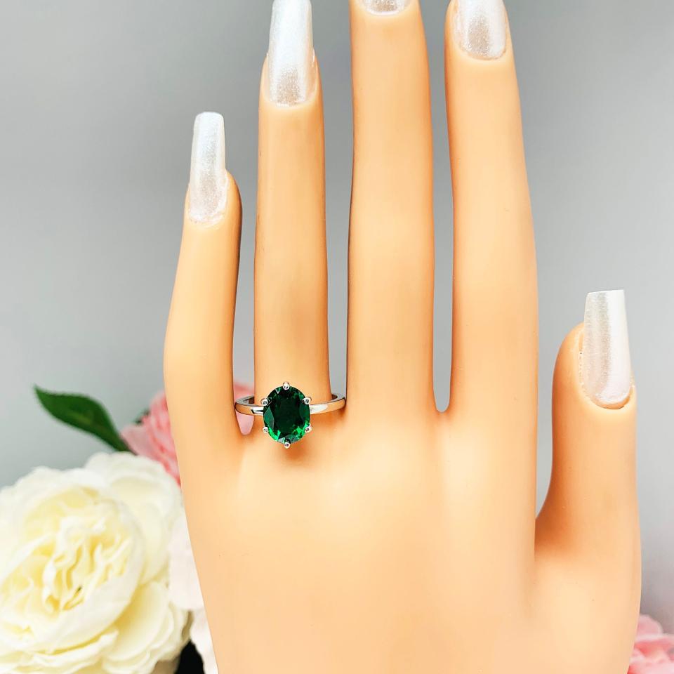 Lab Created Emerald Oval 6 Prong Ring Sterling Silver