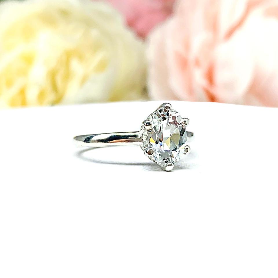 Natural White Topaz Oval Solitaire Ring - 6 prong sterling silver setting