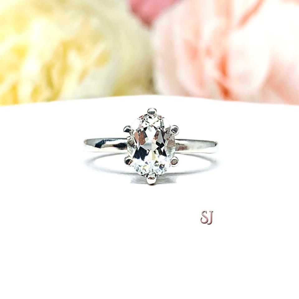 Natural White Topaz Oval Solitaire Ring - 6 prong sterling silver setting