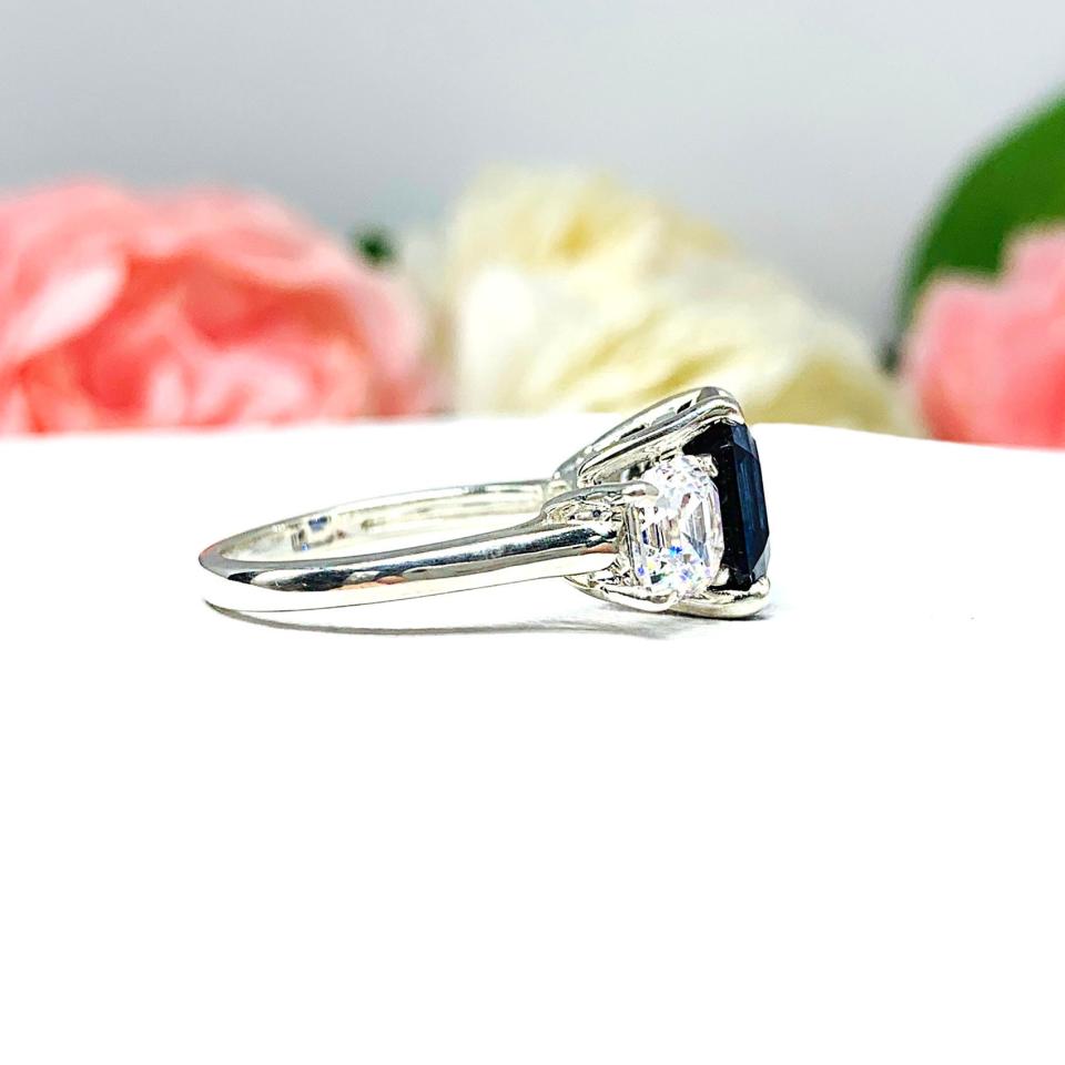 Lab Created Blue Sapphire CZ Asscher Three Stone Ring