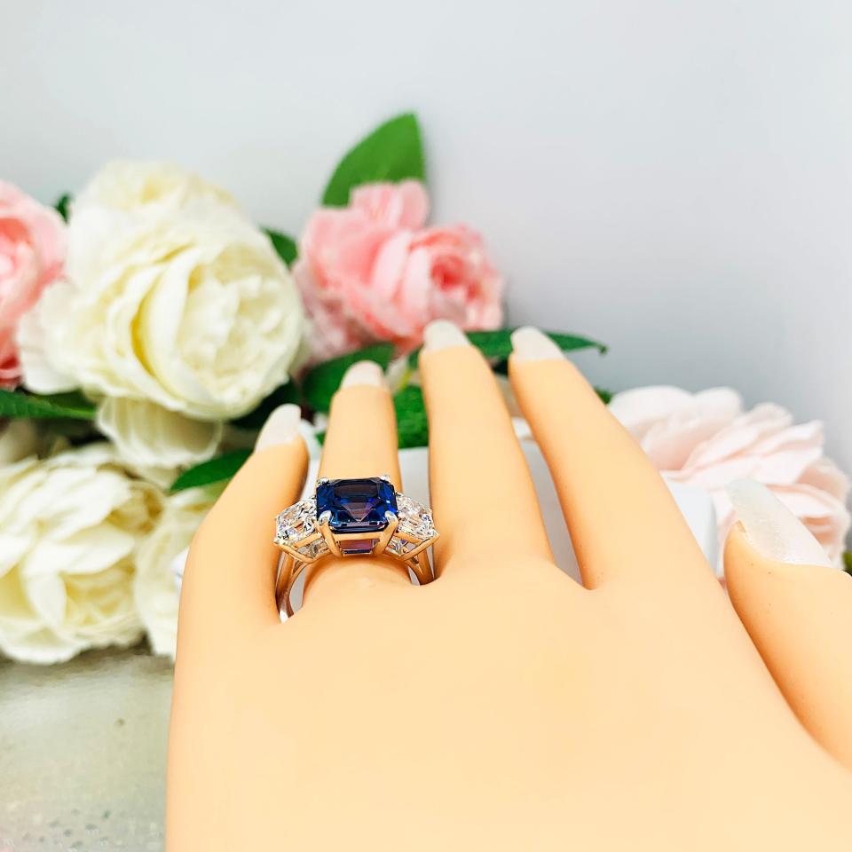 Lab Created Blue Sapphire CZ Asscher Three Stone Ring