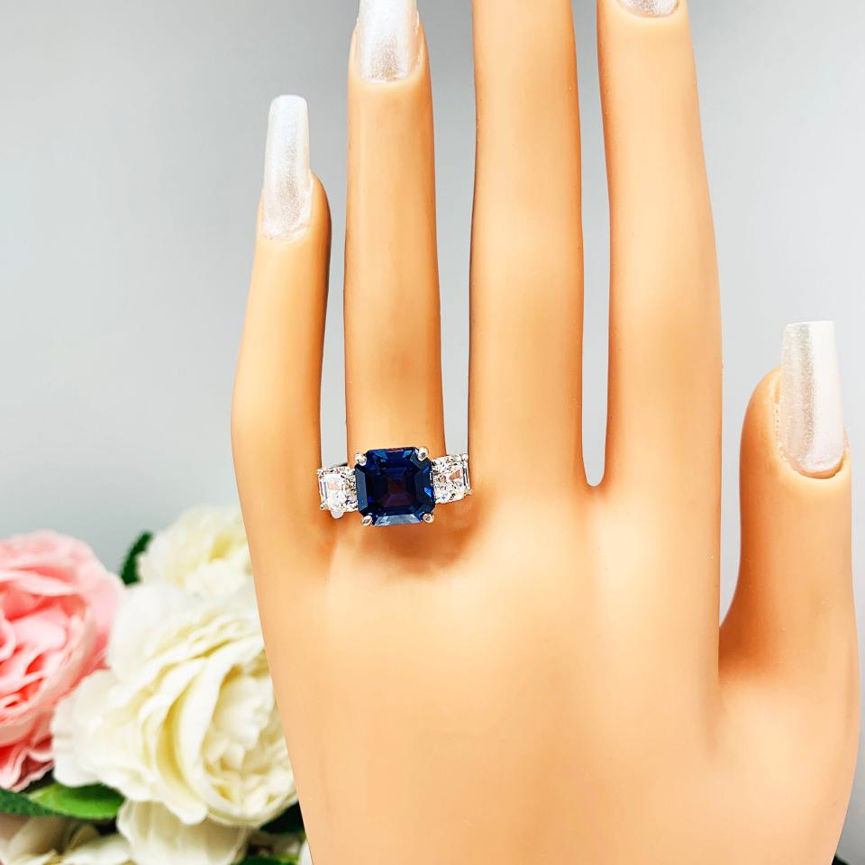 Lab Created Blue Sapphire CZ Asscher Three Stone Ring