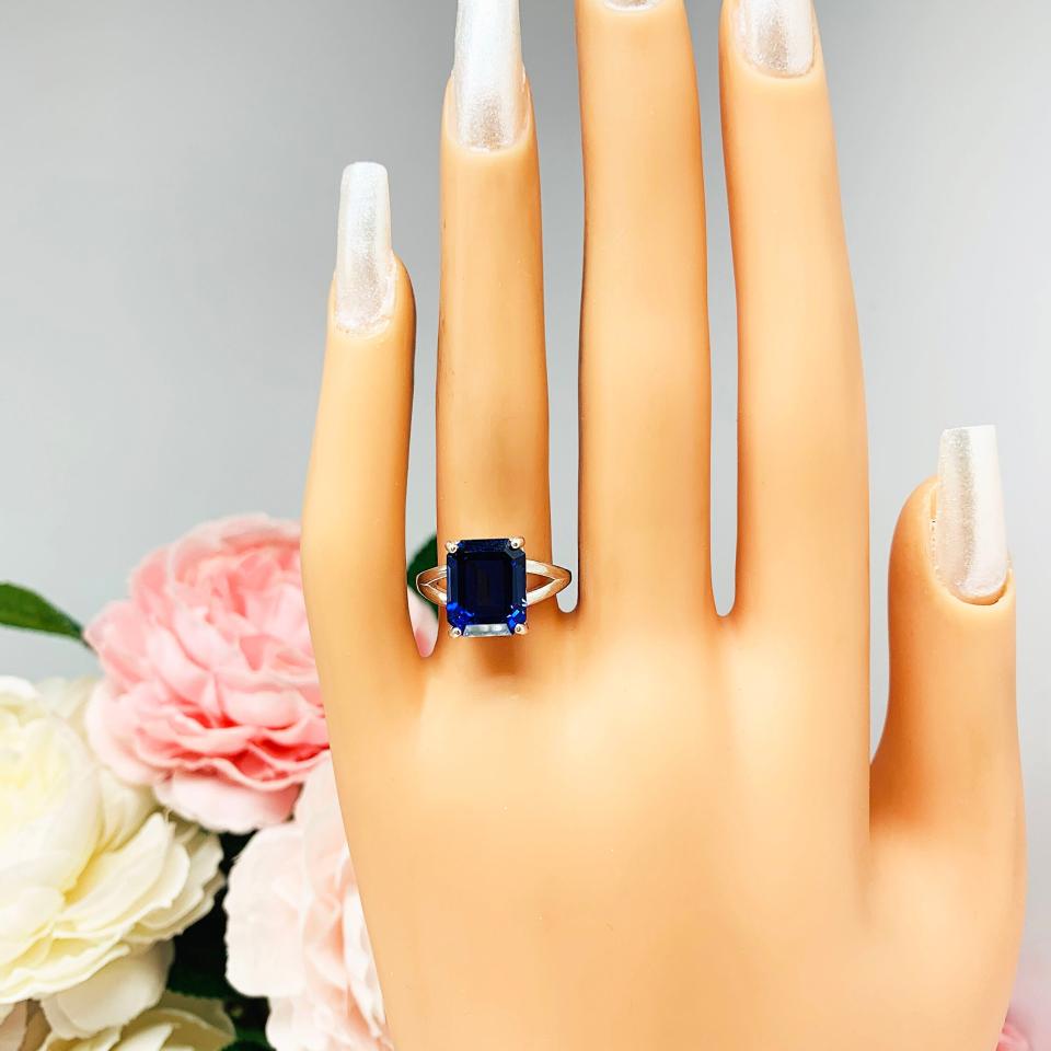 Lab Blue Sapphire 11x9mm Emerald Cut Ring